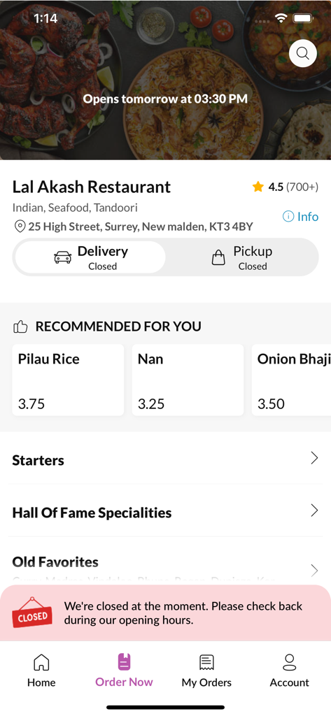 Lal Akash Restaurant - Lal Akash Restaurant mobile app interface displaying Indian food menu and store details