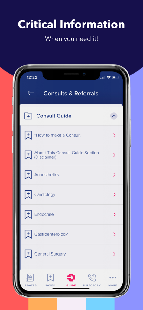 Med App - Med App mobile screen showing the Consults and Referrals directory with clinical department guides