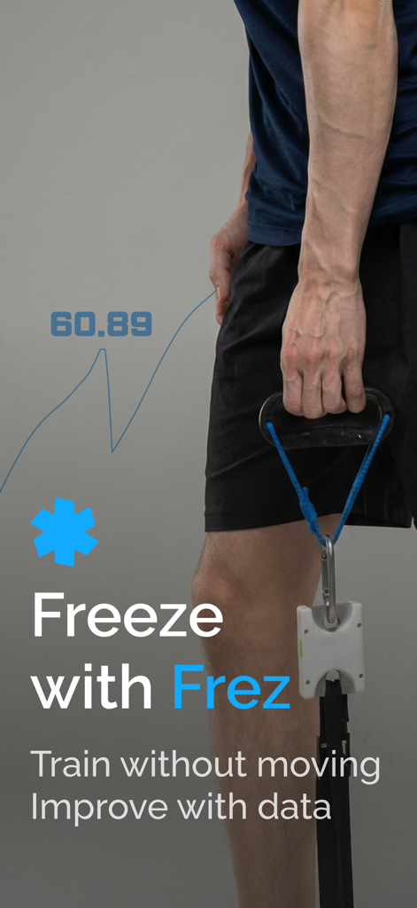 Eine Person, die isometrisches Krafttraining mit einem Lastzellen-Gerät durchführt, mit Visualisierung der Kraftdaten aus der Frez-App