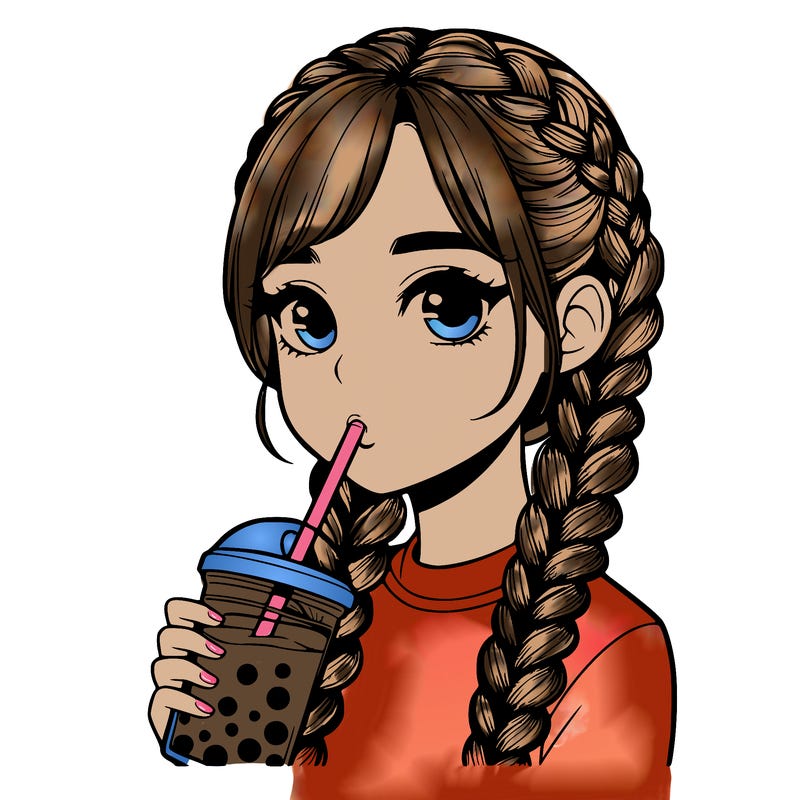 realistic girl with braided hair drinking boba