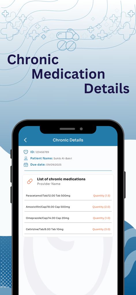 만성 질환 약물 목록과 건강 보험 관리를 위한 환자 정보를 표시하는 옴니 케어 앱 화면.