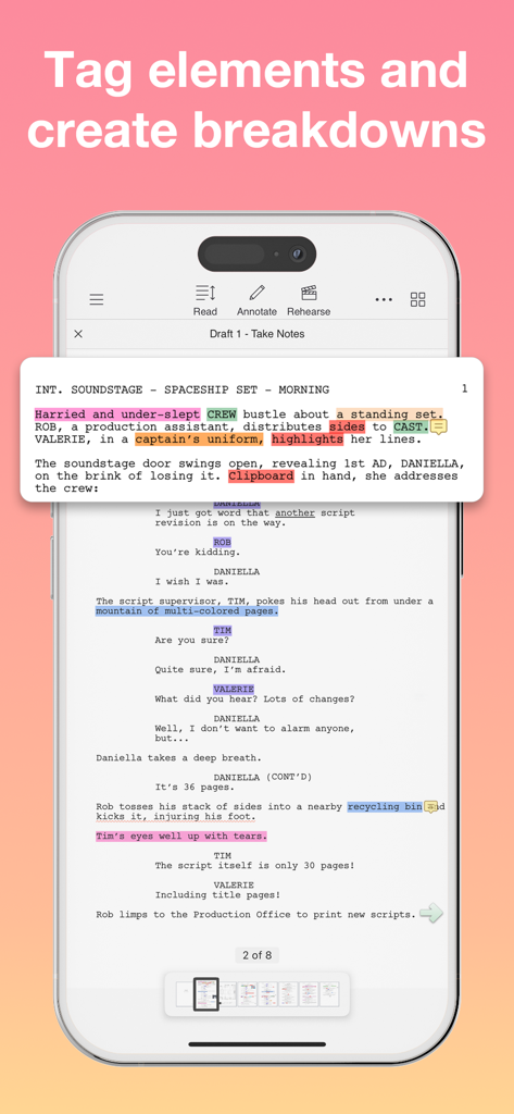 Scriptation: PDF for Film & TV - iPhone screenshot of the Scriptation app interface showing highlighted script elements used for creating production breakdowns