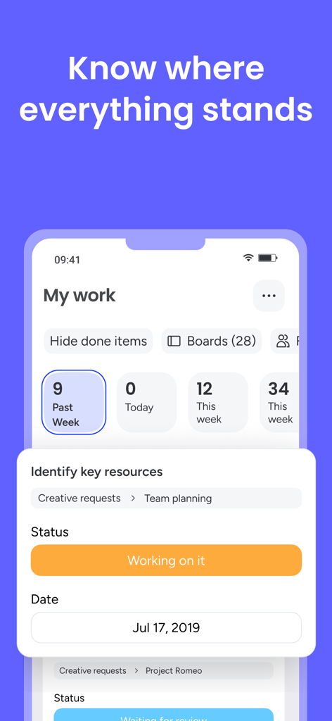 monday.com - Work Platform - A screenshot of the monday.com mobile app showing the My Work dashboard with task status and project progress tracking.