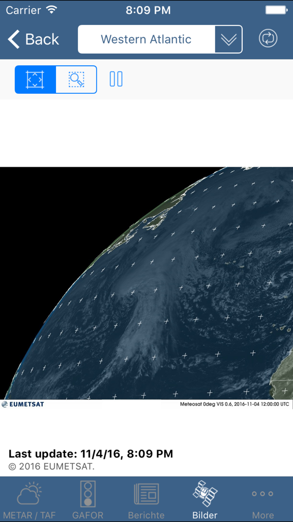 Aviation weather - Satellite weather imagery showing cloud formations over the Western Atlantic in the Aviation Weather app