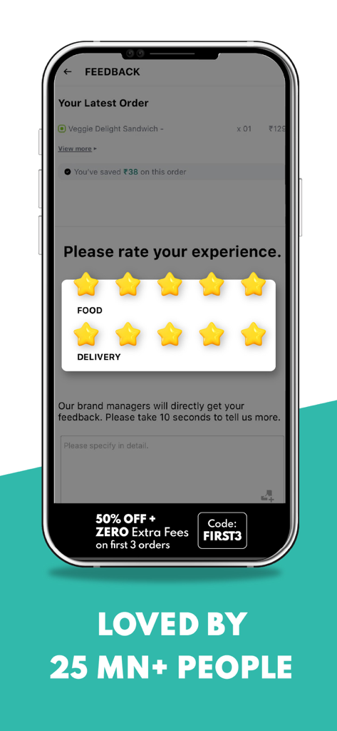 EatClub: Food Delivery App - Schermata di feedback dell'app EatClub con valutazioni a stelle sulla qualità del cibo e della consegna