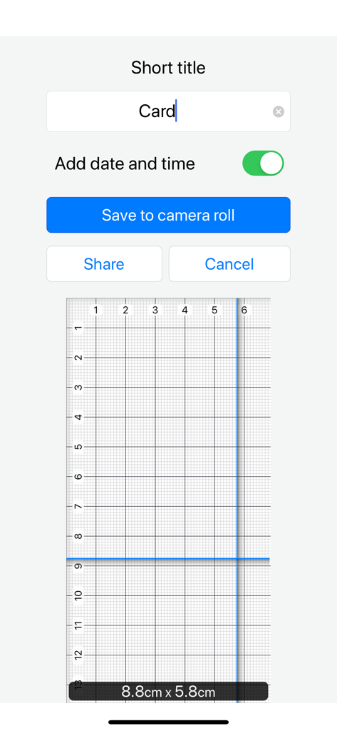 Ruler 2.0 app interface showing options to save a grid measurement with a custom title to the camera roll