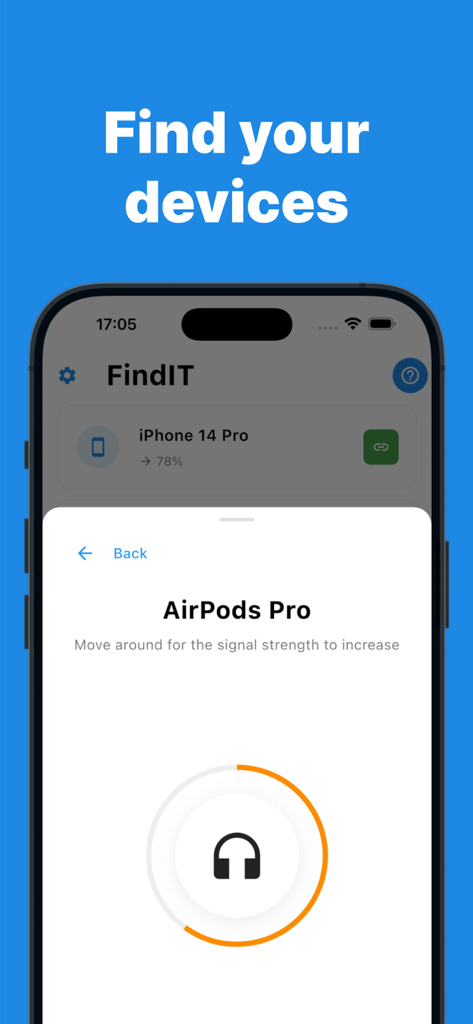 Findit - Find Bluetooth Device - Interfaz de la aplicación Findit mostrando la intensidad de la señal en tiempo real para rastrear AirPods Pro perdidos