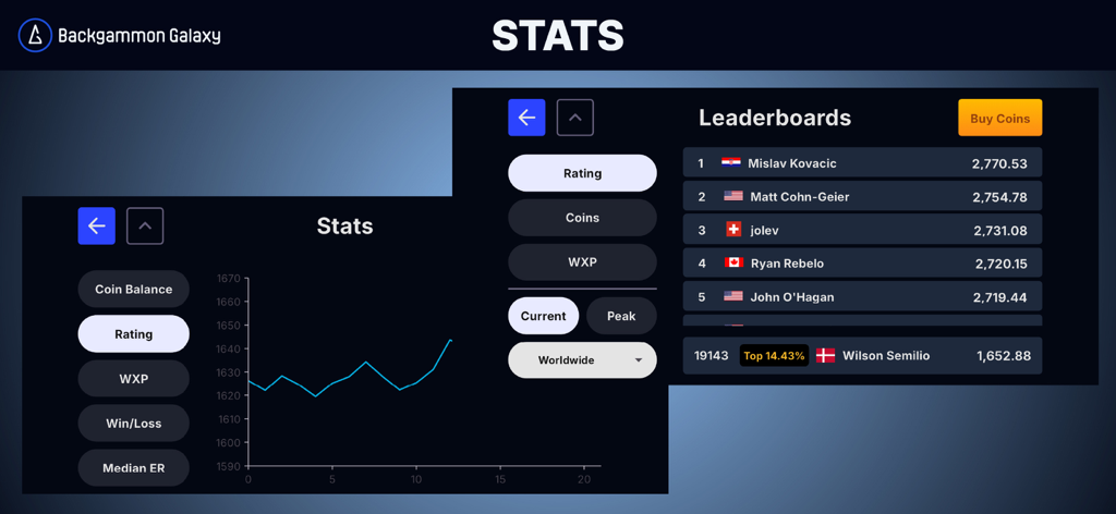 Performance statistics and global leaderboard rankings in the Backgammon Galaxy app