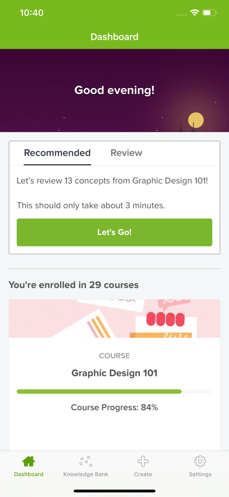 Cerego mobile app dashboard showing a personalized course review recommendation and progress tracking for Graphic Design 101.