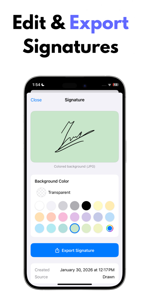 Signature Scanner: Quick Sign - Signature Scanner Quick Sign app interface showing signature background editing and export options