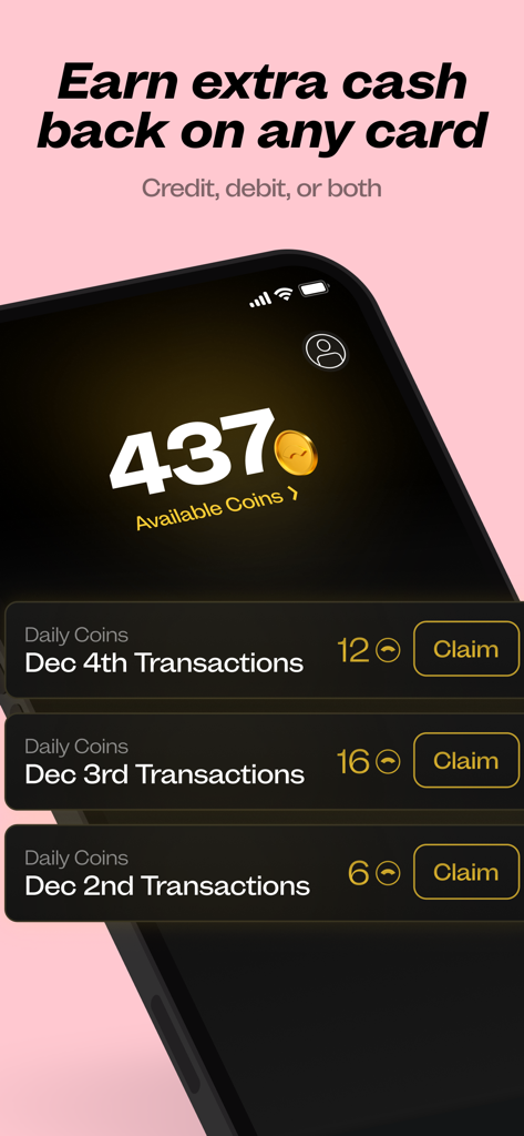 Bridge: Debit Card Rewards - Mobile screen showing Bridge app rewards interface with 437 available coins and options to claim daily transaction rewards.