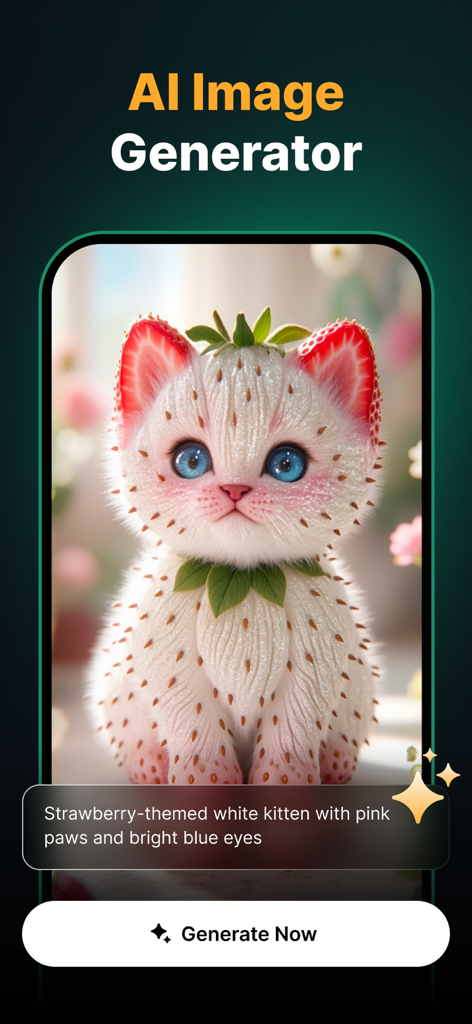 Écran de l'application de génération d'images IA montrant un chaton créatif sur le thème de la fraise