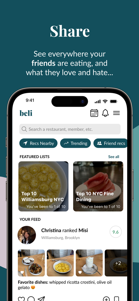 Beli - Beli app newsfeed showing friend restaurant rankings and curated food lists in New York City