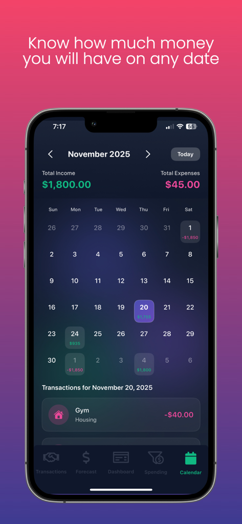 LongMoney - LongMoney app screenshot showing a financial calendar for tracking future income and expenses.