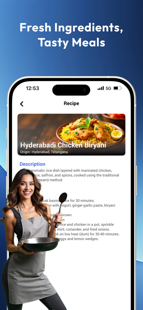 Mobile app screen showing a Hyderabadi Chicken Biryani recipe on the Zoti cooking coach app