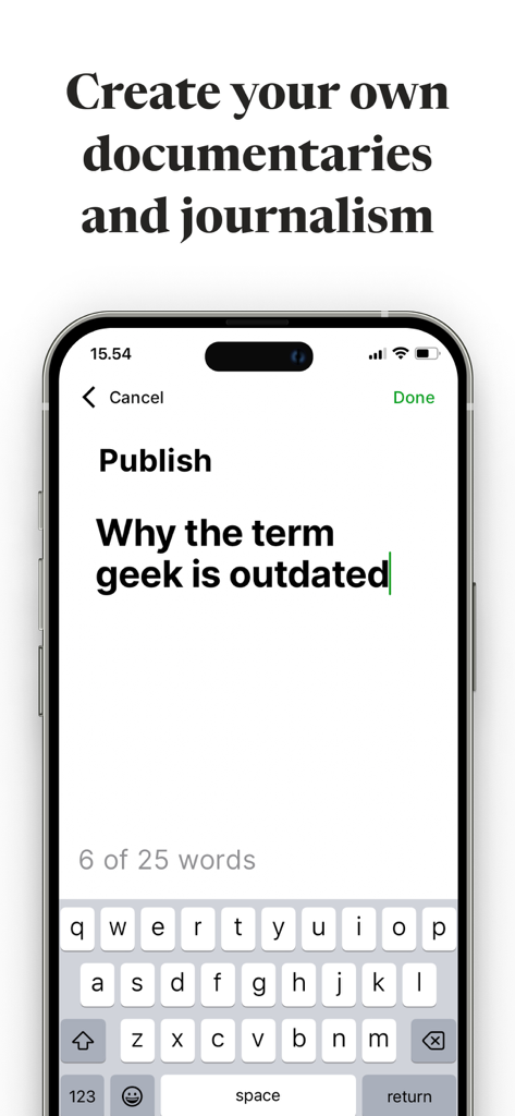 Duckling - A mobile interface of the Duckling app showing a screen to publish personal documentaries and journalism