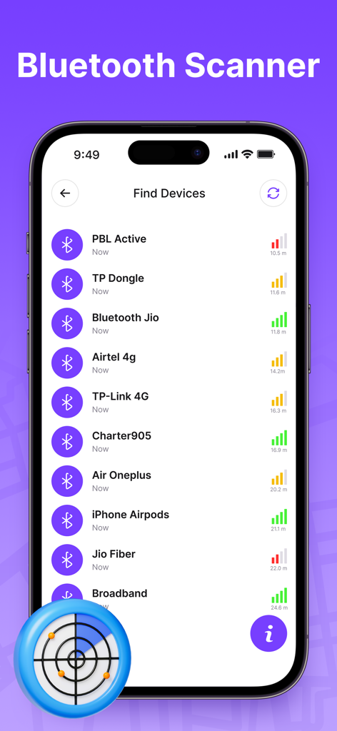 Findmykids - GPS Phone Tracker - Findmykids app screen showing a Bluetooth scanner tool with a list of nearby devices and their signal distance.