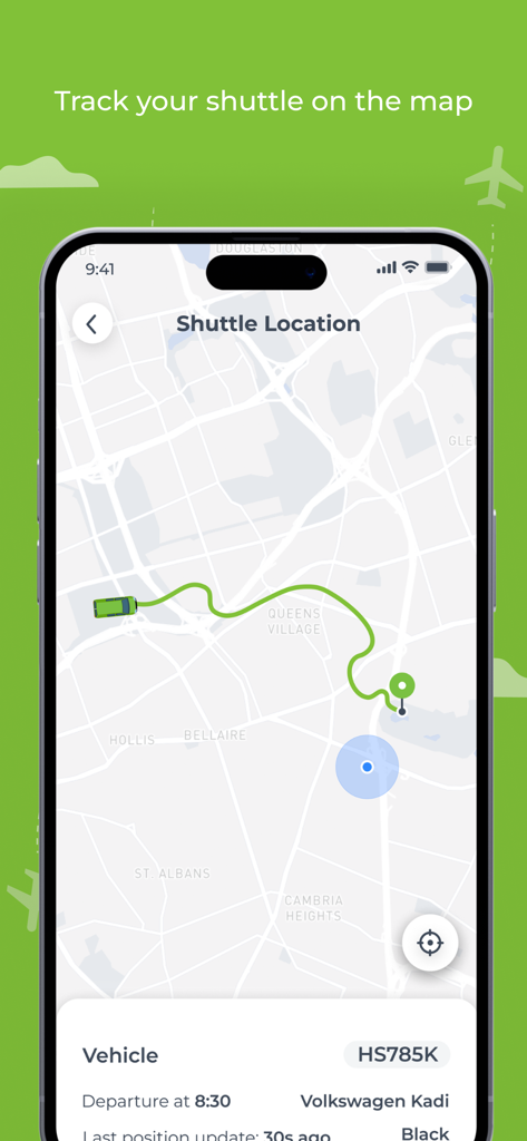 Smartphone screen displaying the real-time location of a flibco shuttle on a map.