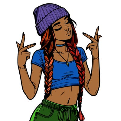 realistic teenage girl with braids and a beanie and crop top doing 🫶🏼