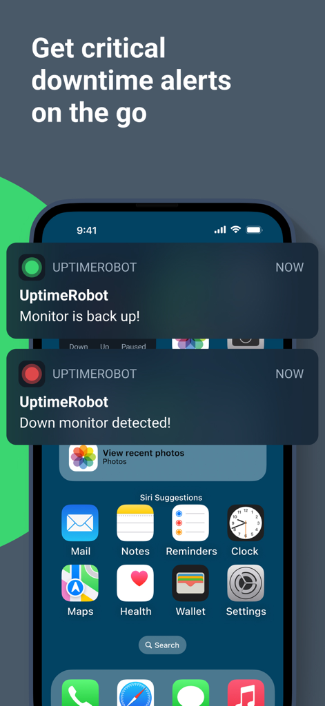 Écran de verrouillage de l'iPhone affichant les notifications push UptimeRobot pour la panne et le rétablissement du site Web