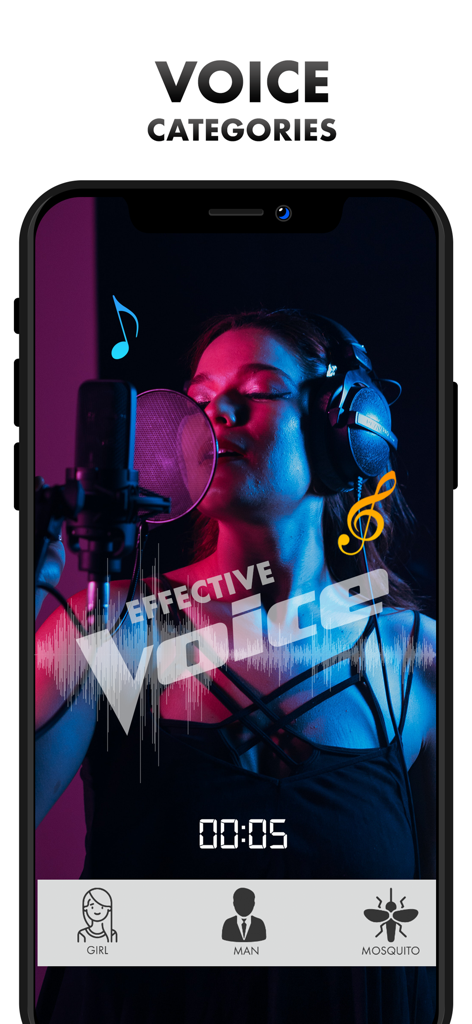 Voice Changer Women - Voice Changer Women app screen showing voice categories for girl man and mosquito effects