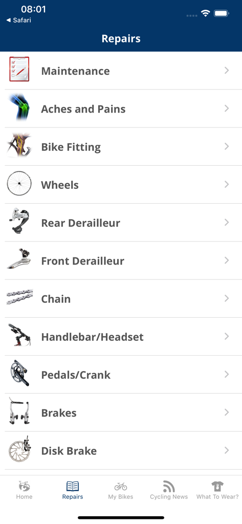 Bike Repair - Repairs menu screen of the Bike Repair app showing various maintenance categories for bicycle parts