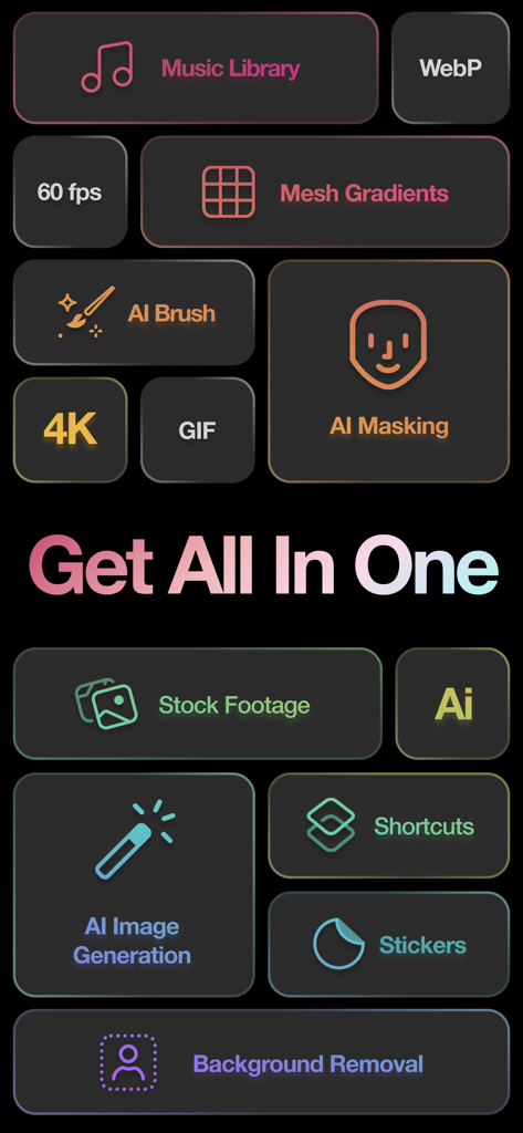 Video Effects Editor: Riveo - A display of Riveo app features including AI masking background removal and stock footage
