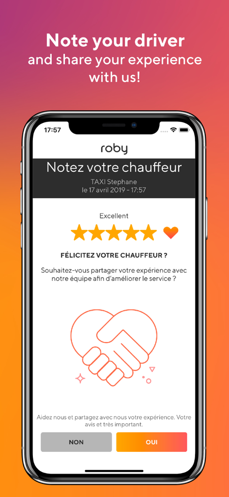 Schermata dell'app roby taxi per valutare un conducente con cinque stelle.