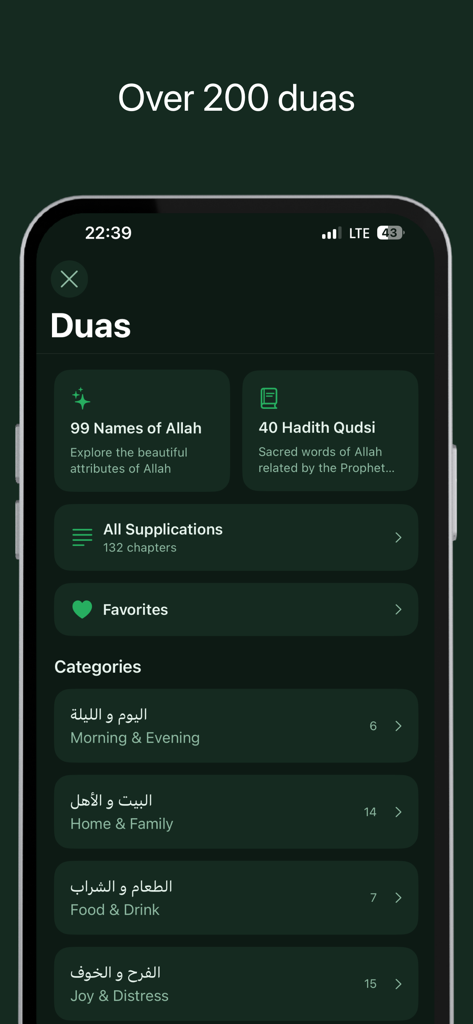 A mobile screen from the Quran Widgets app displaying various categories of Duas and Islamic supplications in a clean dark green interface.