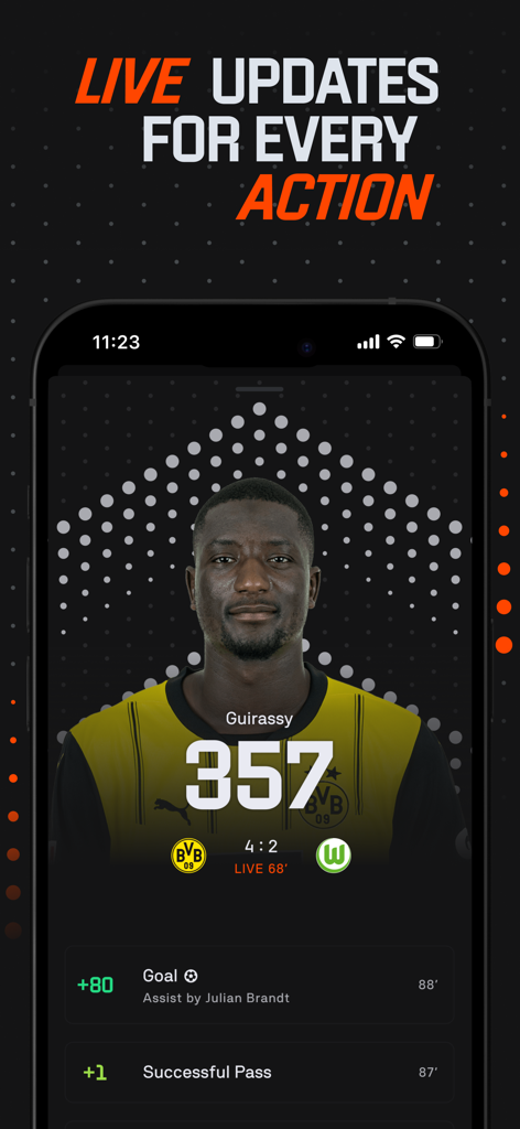 Kickbase - Fantasy Manager - Kickbase app screen showing live fantasy points and match updates for a soccer player