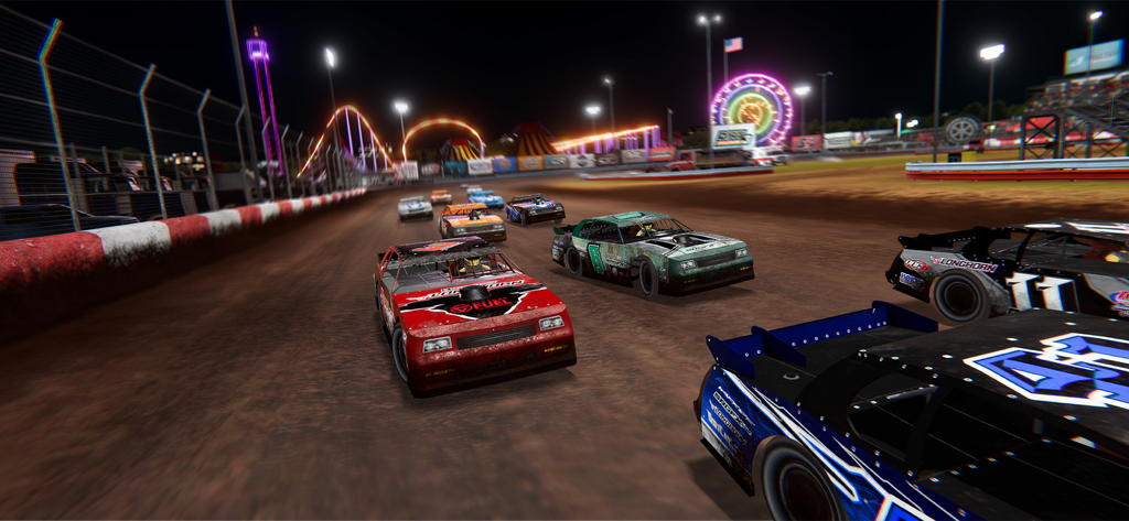 Dirt Trackin 3 - A group of cars competing on a dirt track at night with fairground lights in the background