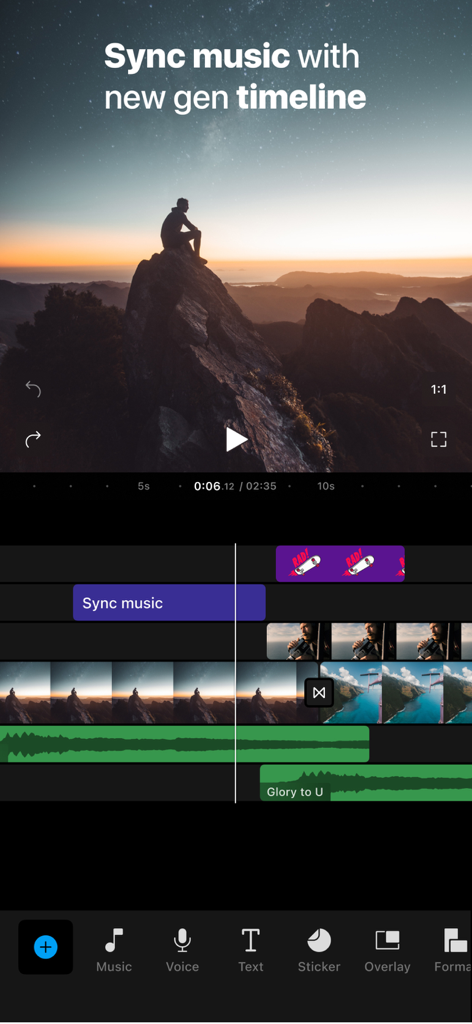 Filmr - Pro Video Editor - Interfaz de la aplicación móvil Filmr mostrando una línea de tiempo de edición de vídeo multipista para sincronizar música y clips.