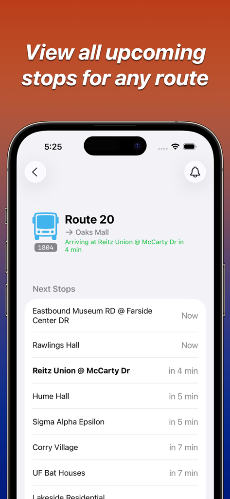 NaviGator for Gainesville RTS - NaviGator app interface showing upcoming bus stops and real-time arrival times for Route 20 in Gainesville