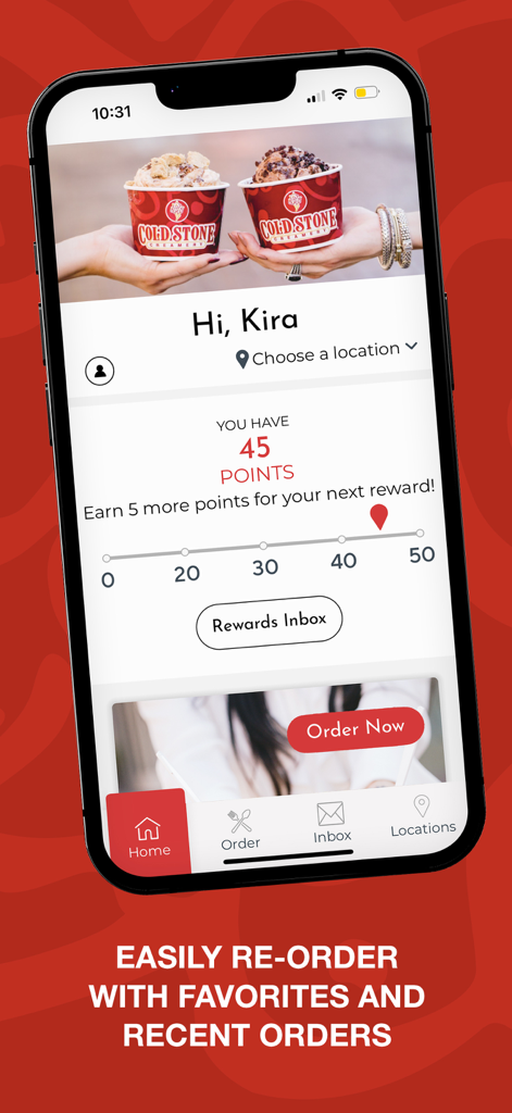 Cold Stone - Écran de l'application mobile Cold Stone Creamery montrant les points de récompense de fidélité et une barre de progression
