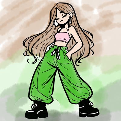 girl in baggy pants crop top and long hair