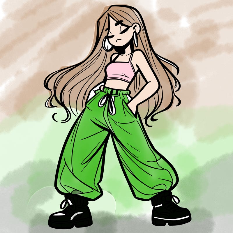 girl in baggy pants crop top and long hair