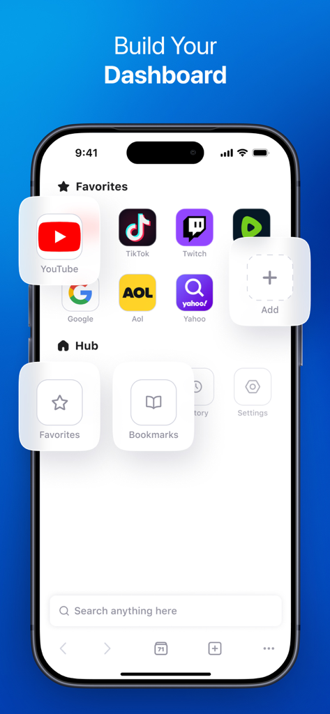 Interface of the PiP Browser app showing a customizable dashboard with shortcuts to popular video and social media sites