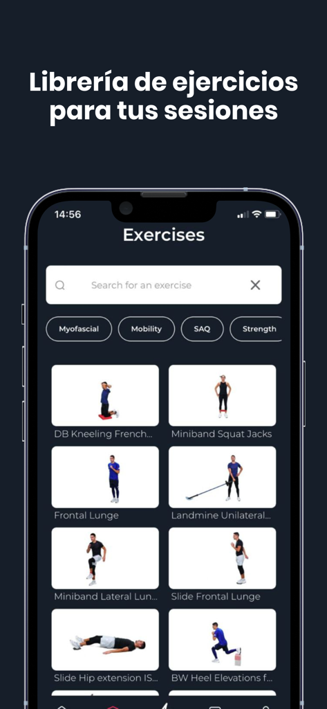 SoloPerformance - SoloPerformance app screen displaying a searchable library of exercise videos and training categories