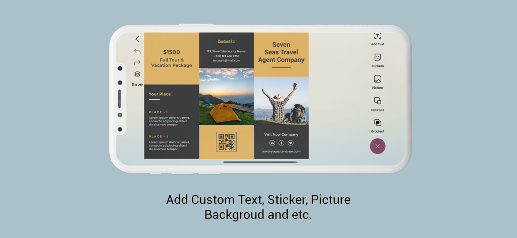 Brochure Maker - Infographic - A smartphone showing the Brochure Maker app editing a travel brochure with professional tools for text stickers and backgrounds