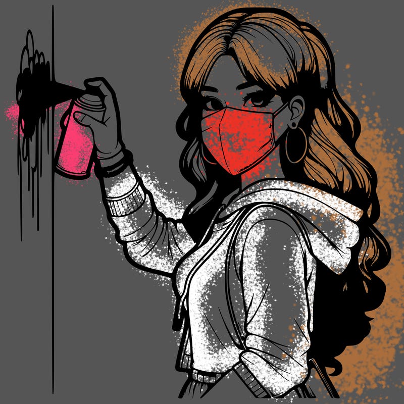 realistic girl with mask spray painting a wall