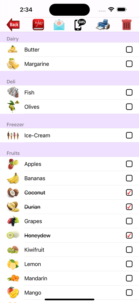 Shopping-List. - Pantalla de la aplicación de lista de compras que muestra artículos agrupados por categoría con imágenes de productos y marcas de verificación.