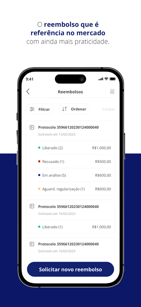 Interface móvel do aplicativo Minha Omint mostrando uma lista de solicitações de reembolso de seguro médico com atualizações de status.