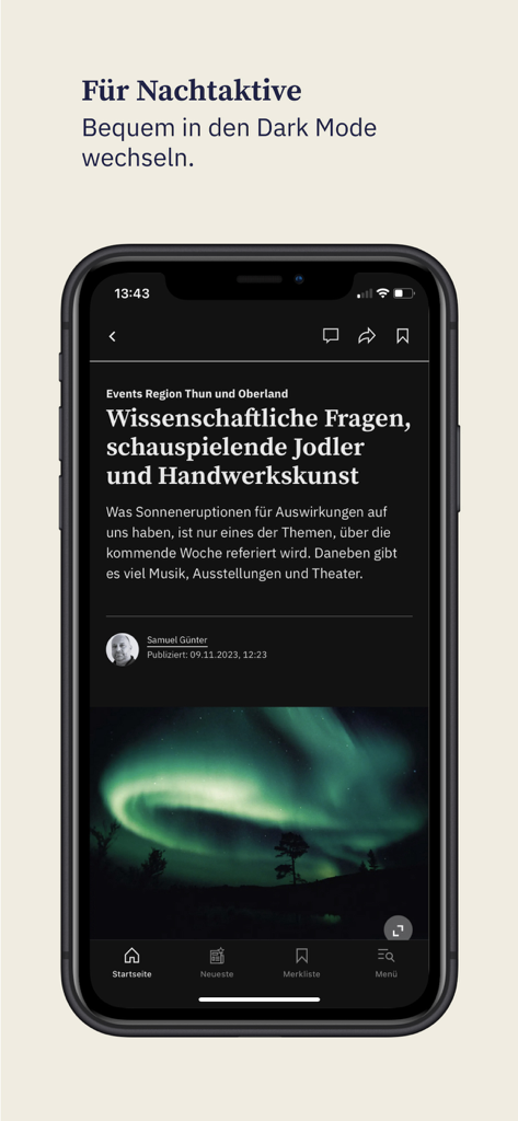 BZ Berner Oberländer - BZ Berner Oberlaender app interface in dark mode displaying a news article about regional events