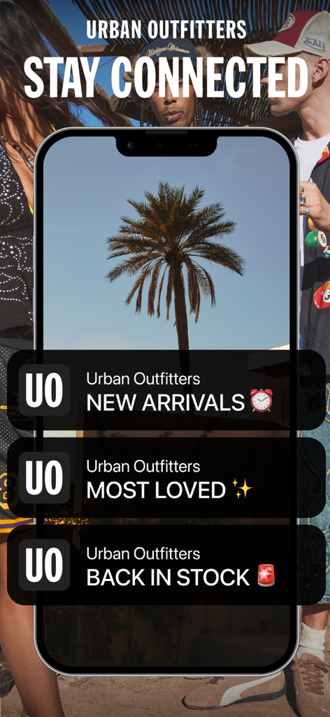 Interfaz de la aplicación Urban Outfitters que muestra notificaciones push de nuevas llegadas y actualizaciones de productos agotados