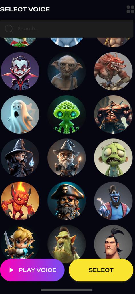 Funny Voice Changer: AI Voices - Schermata di selezione del personaggio nell'app Funny Voice Changer con vari avatar di voci AI come fantasma, zombie e pirata.