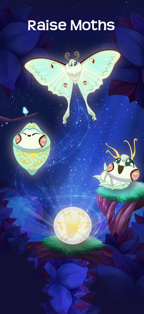 Flutter Starlight — Cozy Game - 魔法の森で卵から毛虫、そして羽を持つ成虫へと成長する蛾の過程を示すシーケンス