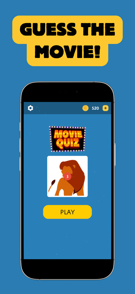 Interface principal do aplicativo Adivinhe o Filme mostrando um quiz minimalista de personagens de filmes e um botão de jogar.