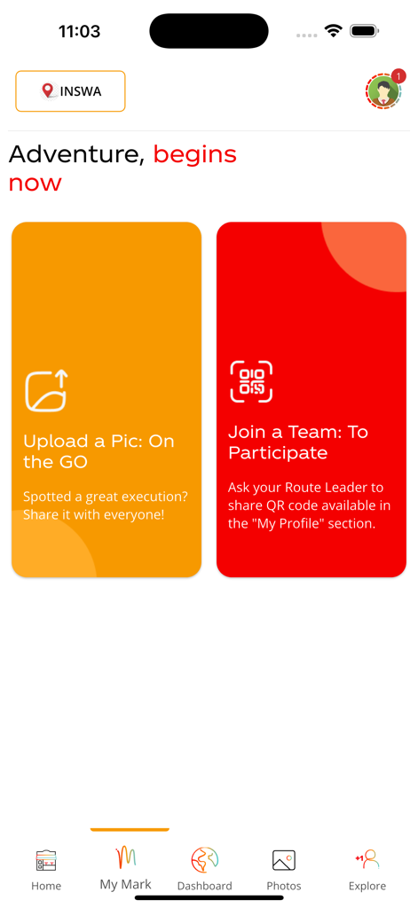 KO MARK - KO MARKアプリのダッシュボード。市場写真をアップロードしたり、フィールドチームに参加するためのクイックアクションカードが表示されています。