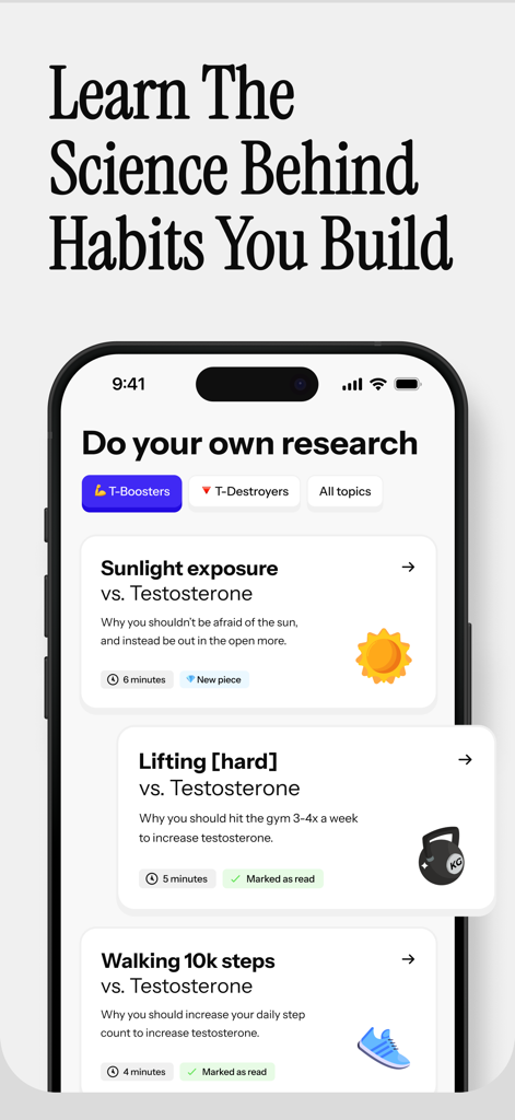 90 Day Life Reset Challenge: T - A mobile app screen titled Learn the Science Behind Habits You Build showing research cards for sunlight exposure, lifting weights, and walking steps to boost testosterone.