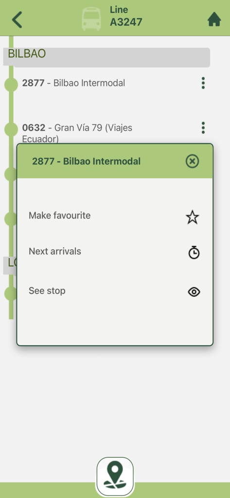 Bizkaibus - Bizkaibus app screen showing bus stop options for Bilbao Intermodal including next arrivals and make favorite